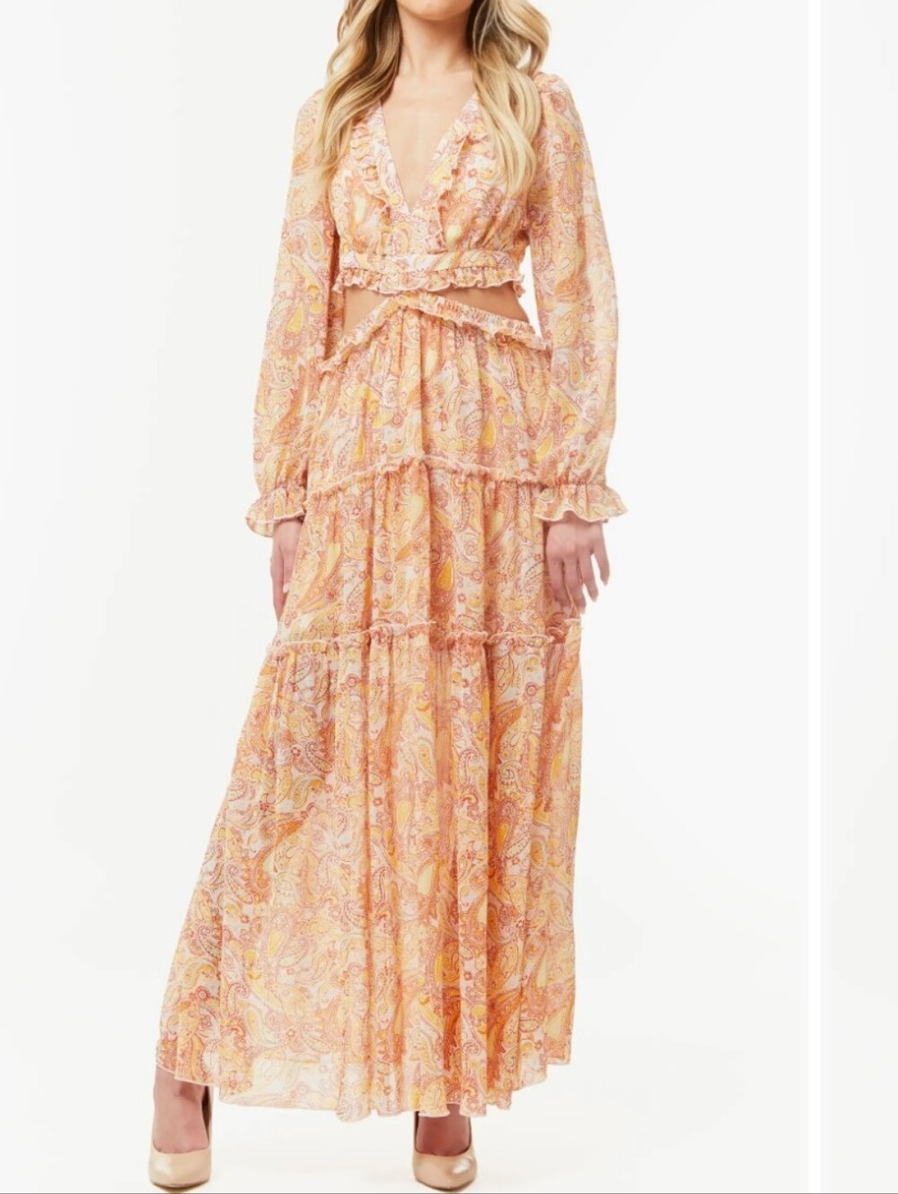 LoveXDesign France‎ Long Sleeve Chiffon Maxi Dress Boho Cut Out Coral M Beach